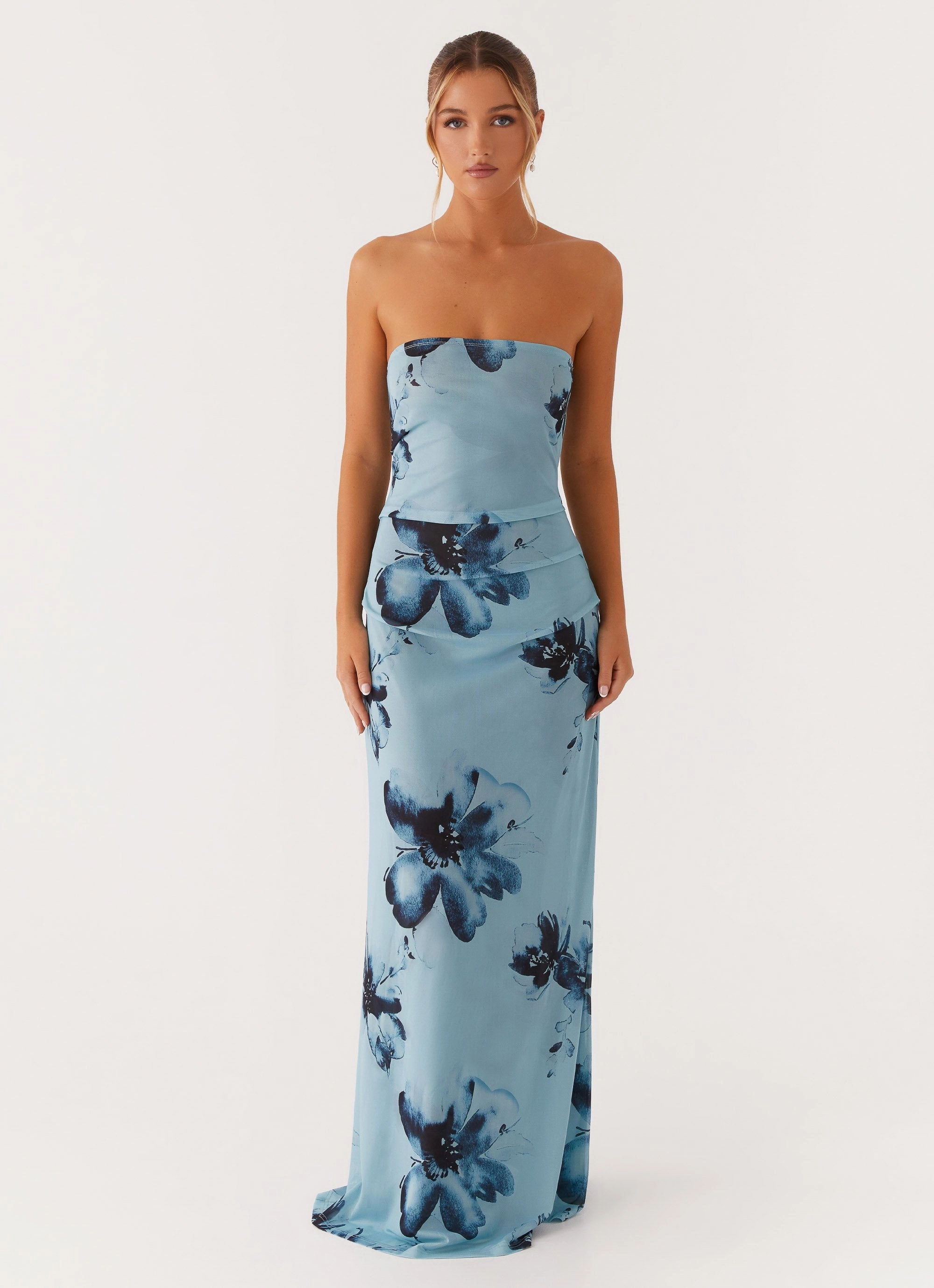 Field Of Dreams Maxi Dress - Blue Black Floral Rose Soft