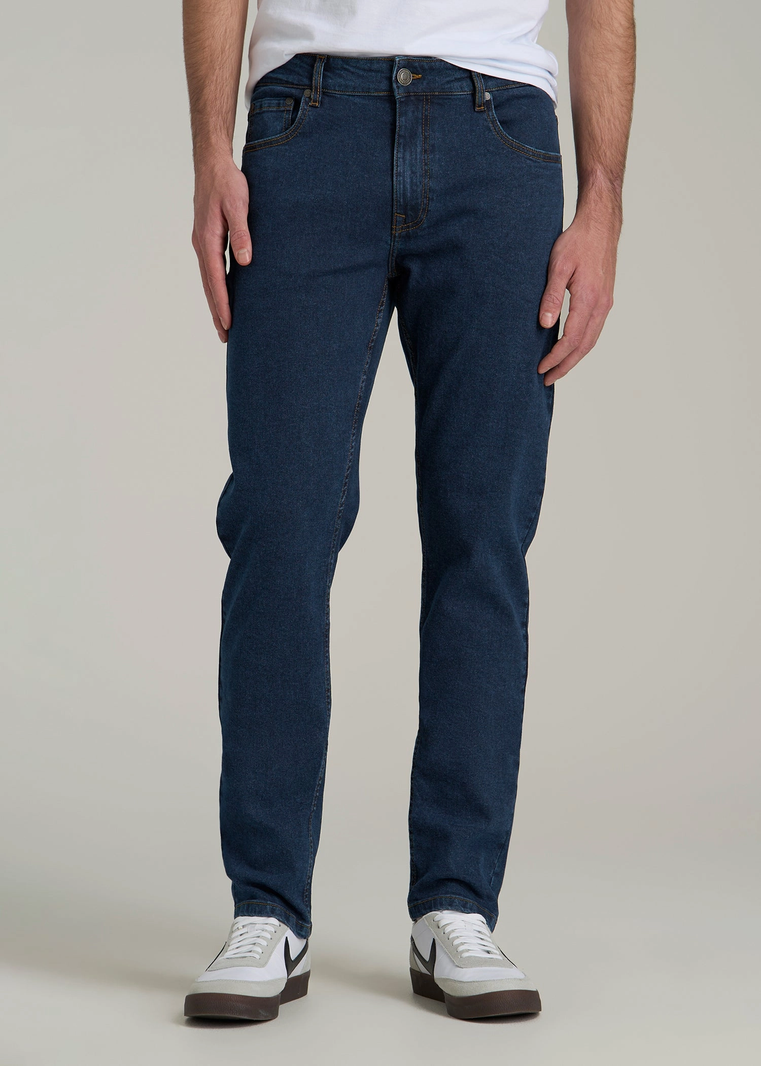 A.T. Basics Men's Carman Tapered fit Jeans for Tall Men in Charged Blue Softened Texture Chic Style