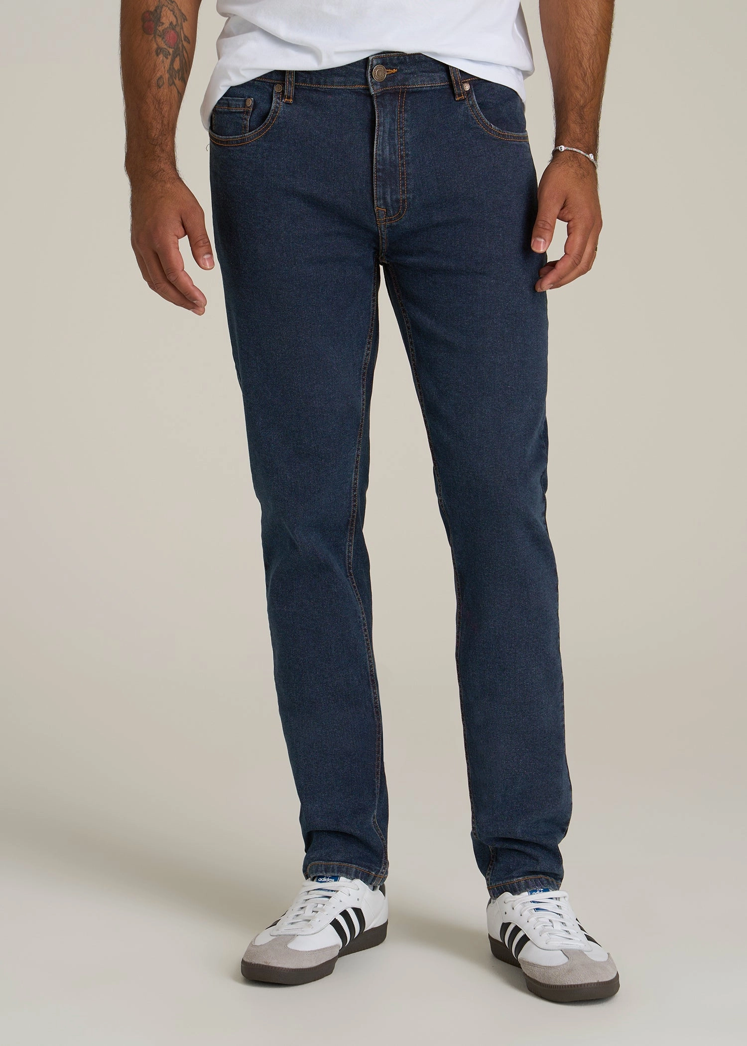 A.T. Basics Men's Dylan Slim Fit Jeans for Tall Men in Charged Blue Softened Seams