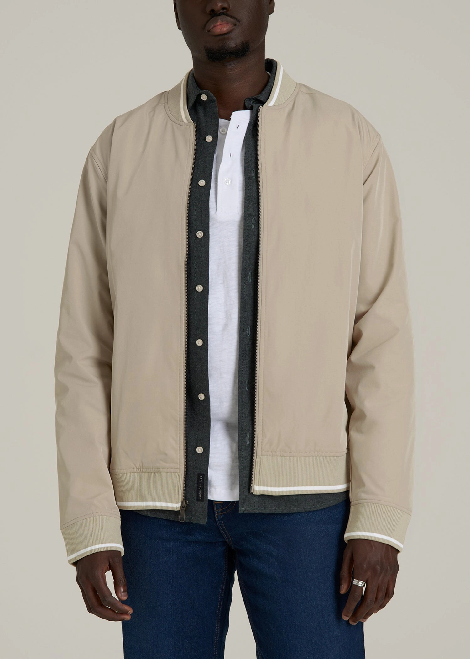A.T. Bomber Jacket 2.0 for Tall Men in Desert Khaki Versatile Layering Options Bonded Collars
