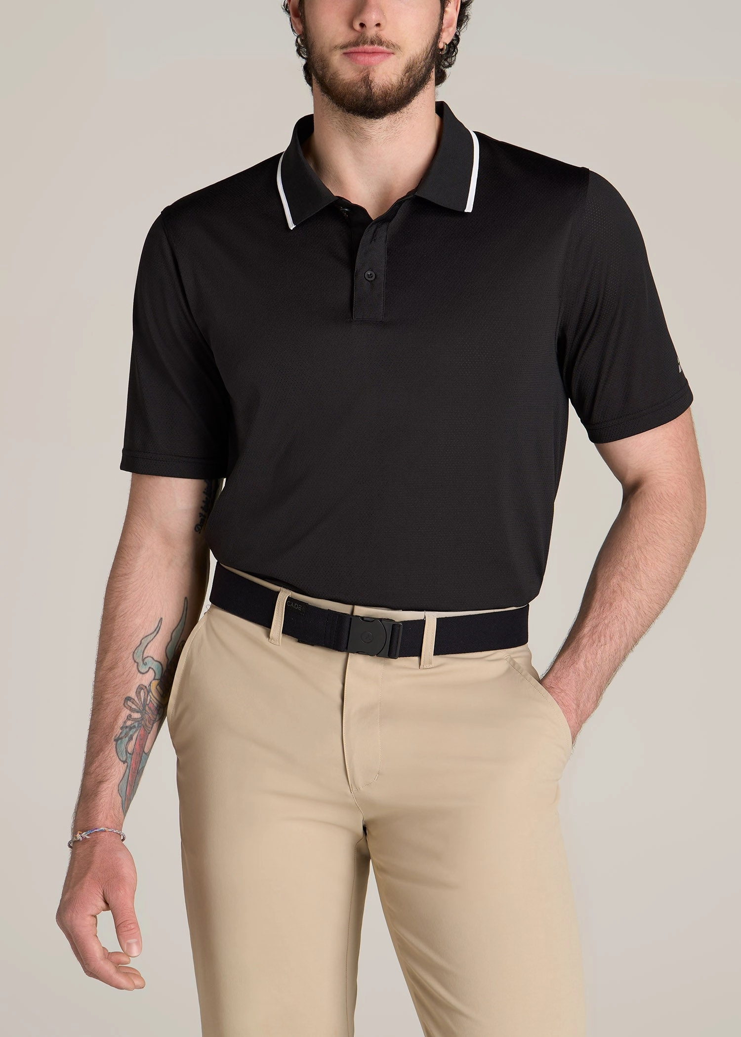 A.T. Performance Tipped Golf Polo for Tall Men in Black FourWay Stretch Fabric Classic Comfort