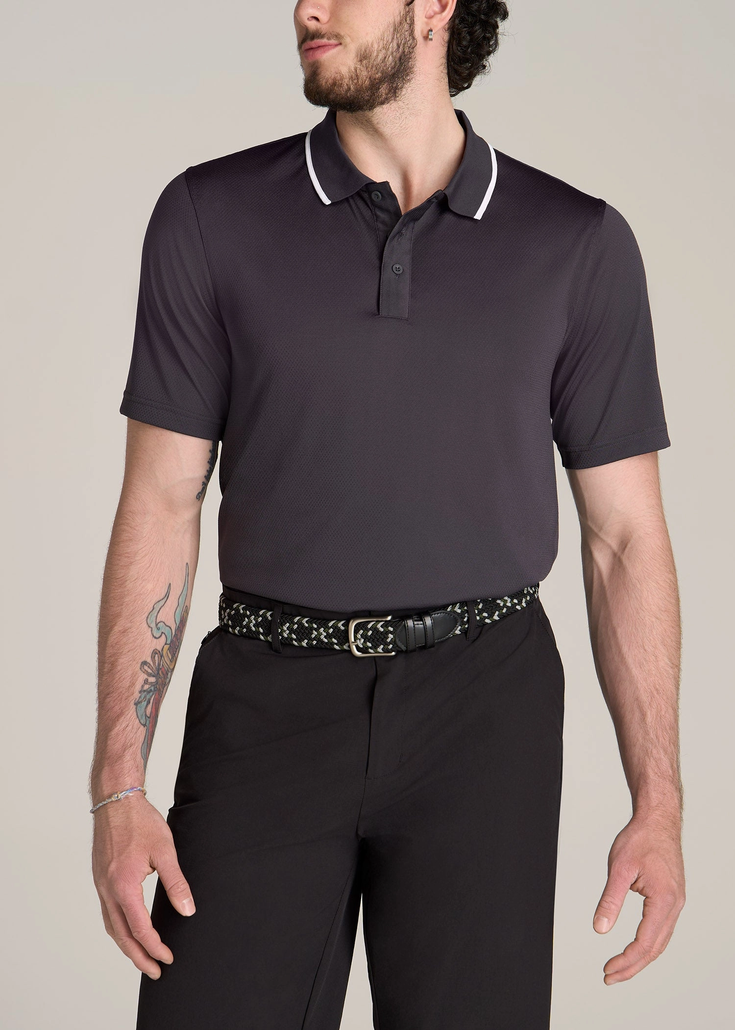 A.T. Performance Tipped Golf Polo for Tall Men in Charcoal Chill Style
