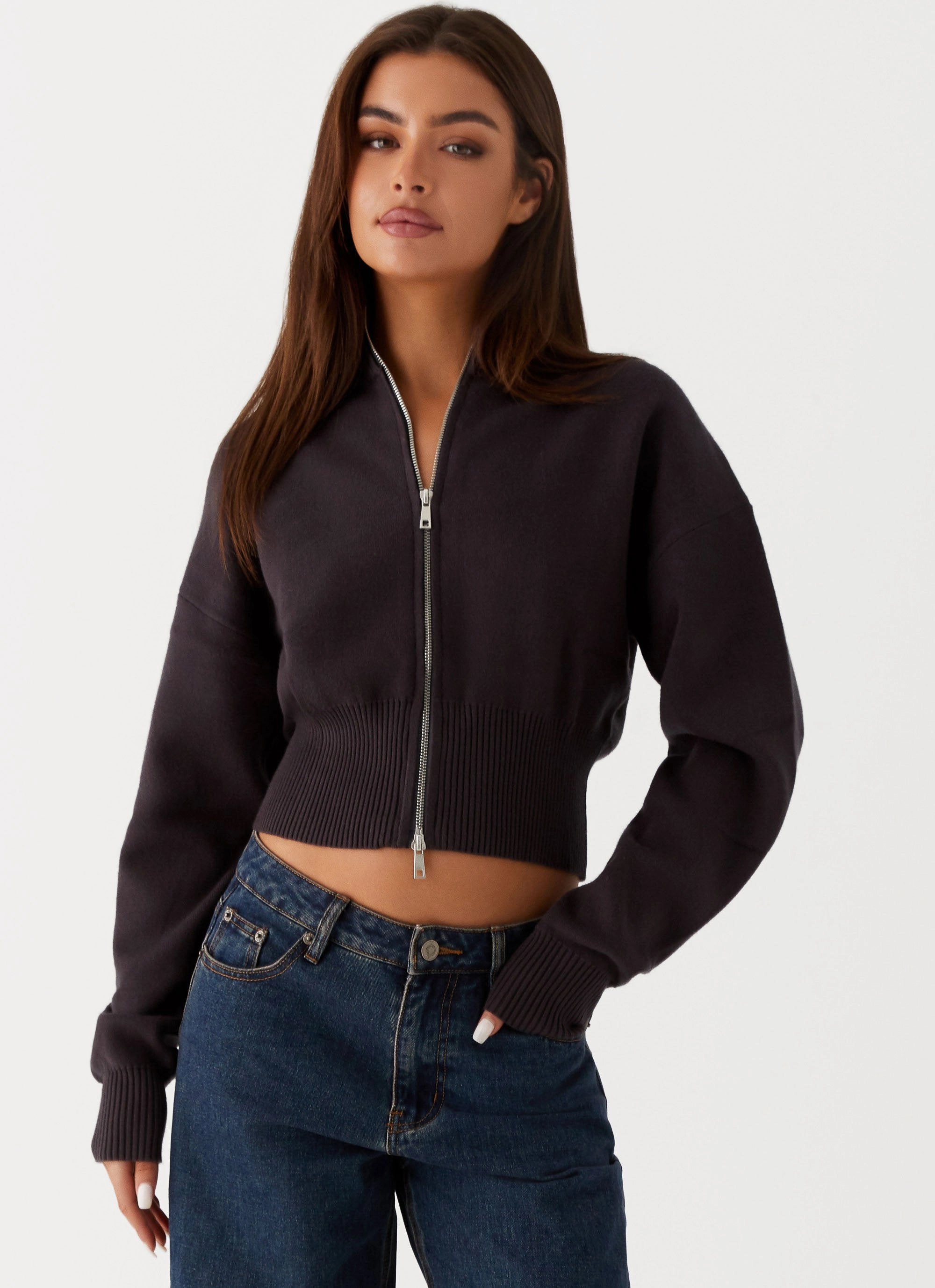 Episode High Neck Cardigan - Charcoal Insulated Lining