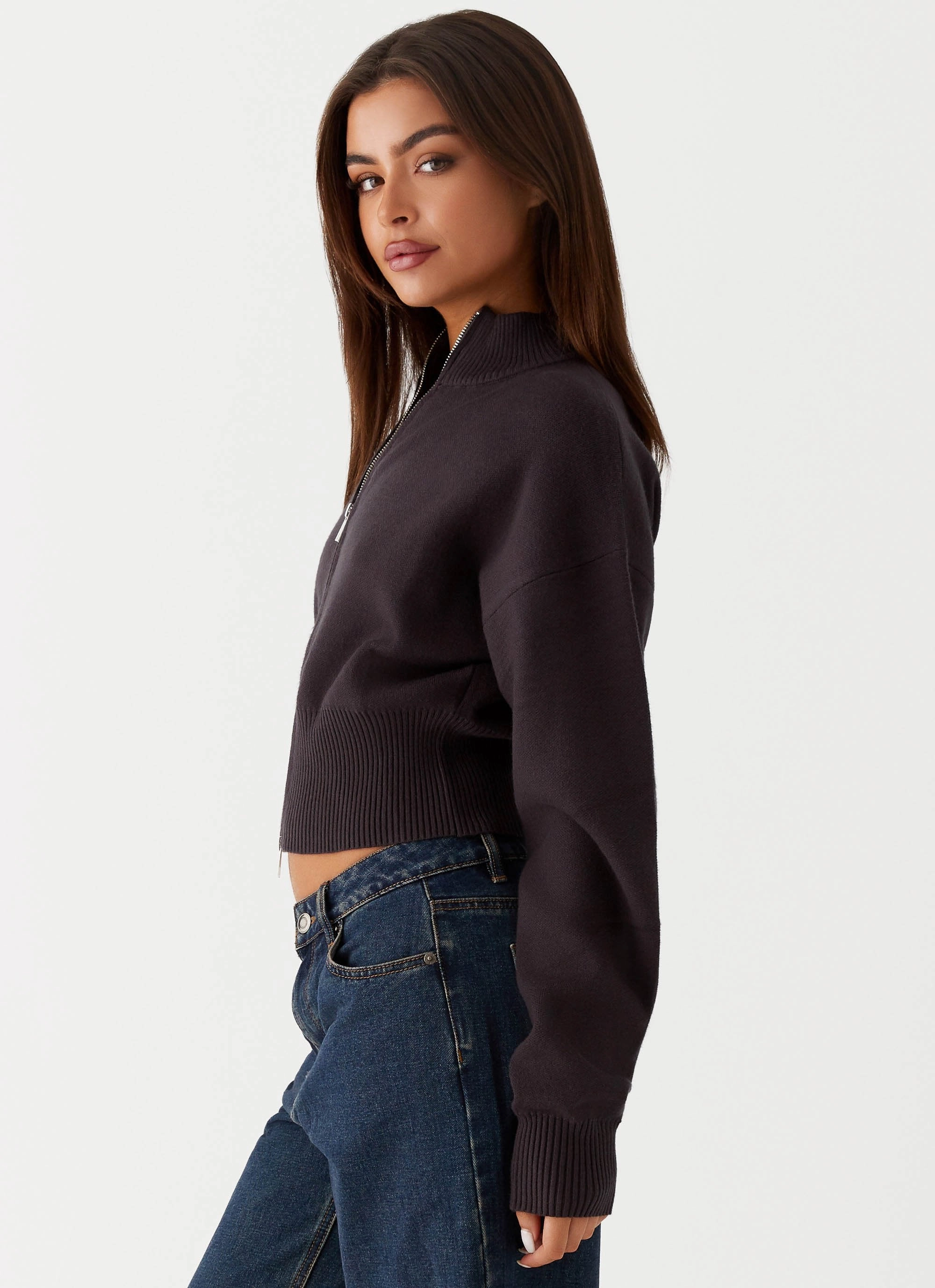Episode High Neck Cardigan - Charcoal Convertible Silhouette RubberizedTrim