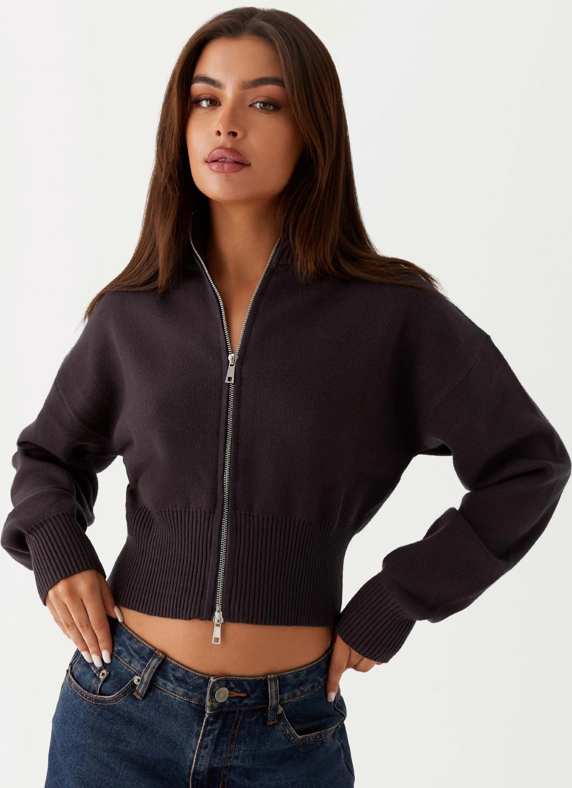 Windproof Thermal Shell Episode High Neck Cardigan - Charcoal