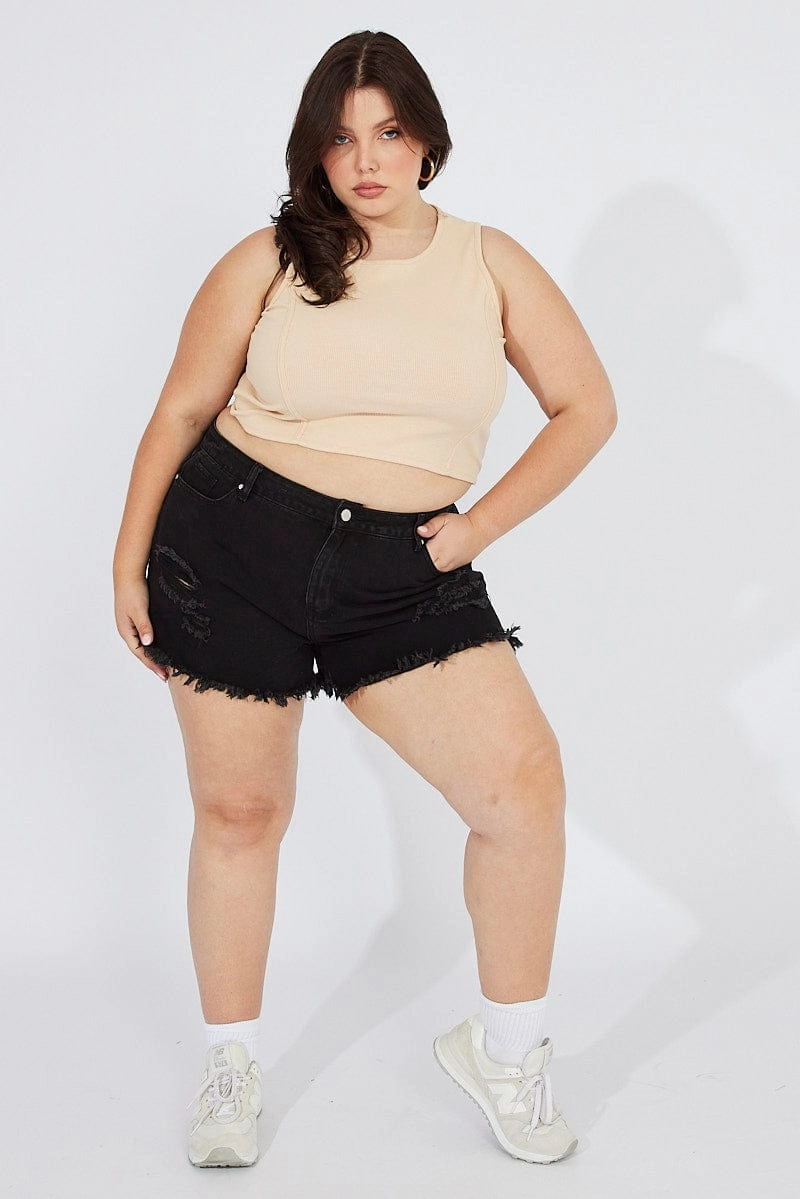 Stretch waistband Secure Zipper Closure Black Relaxed Denim Shorts High Rise