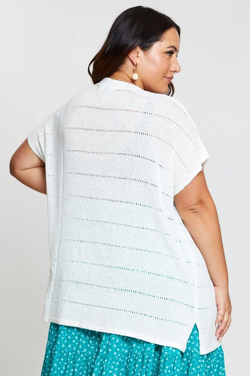 White Knit Cardigan Crochet Short Sleeve EasyClean Coating Stretchable Fabric