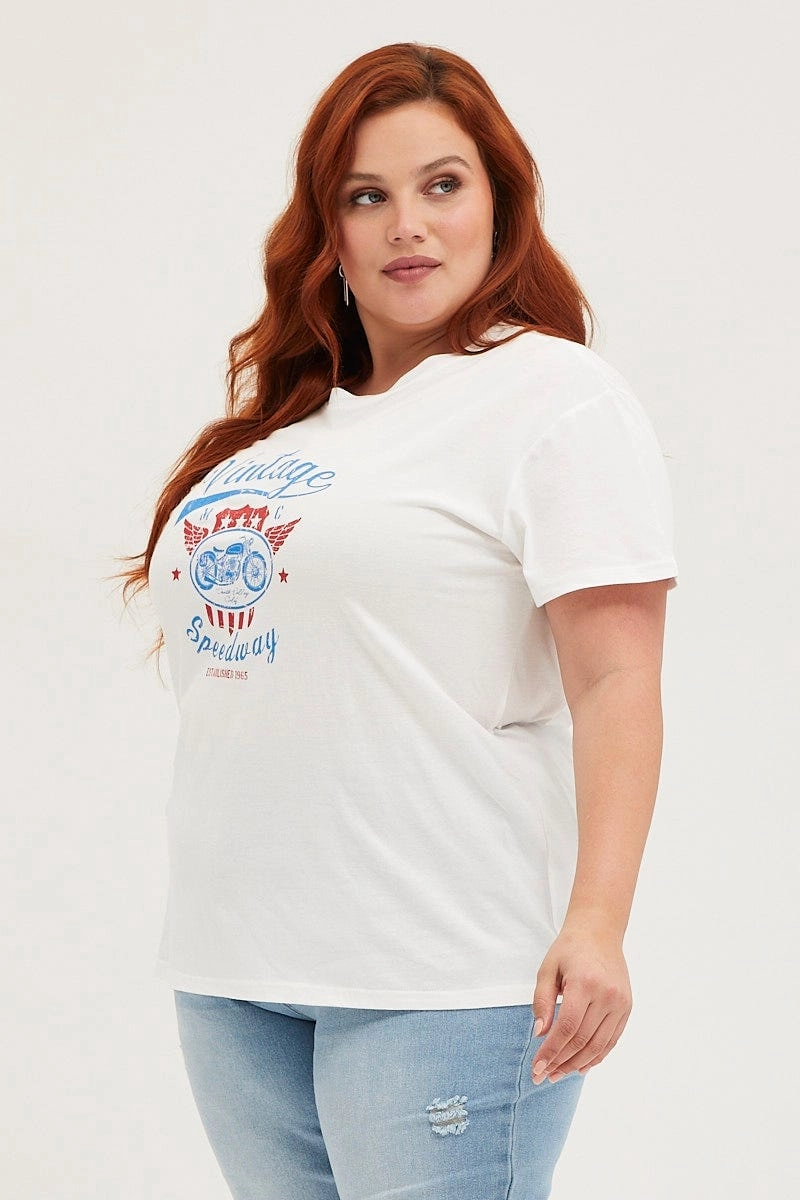 White Graphic T-shirt Speedway Short Sleeve Cotton Bold Style