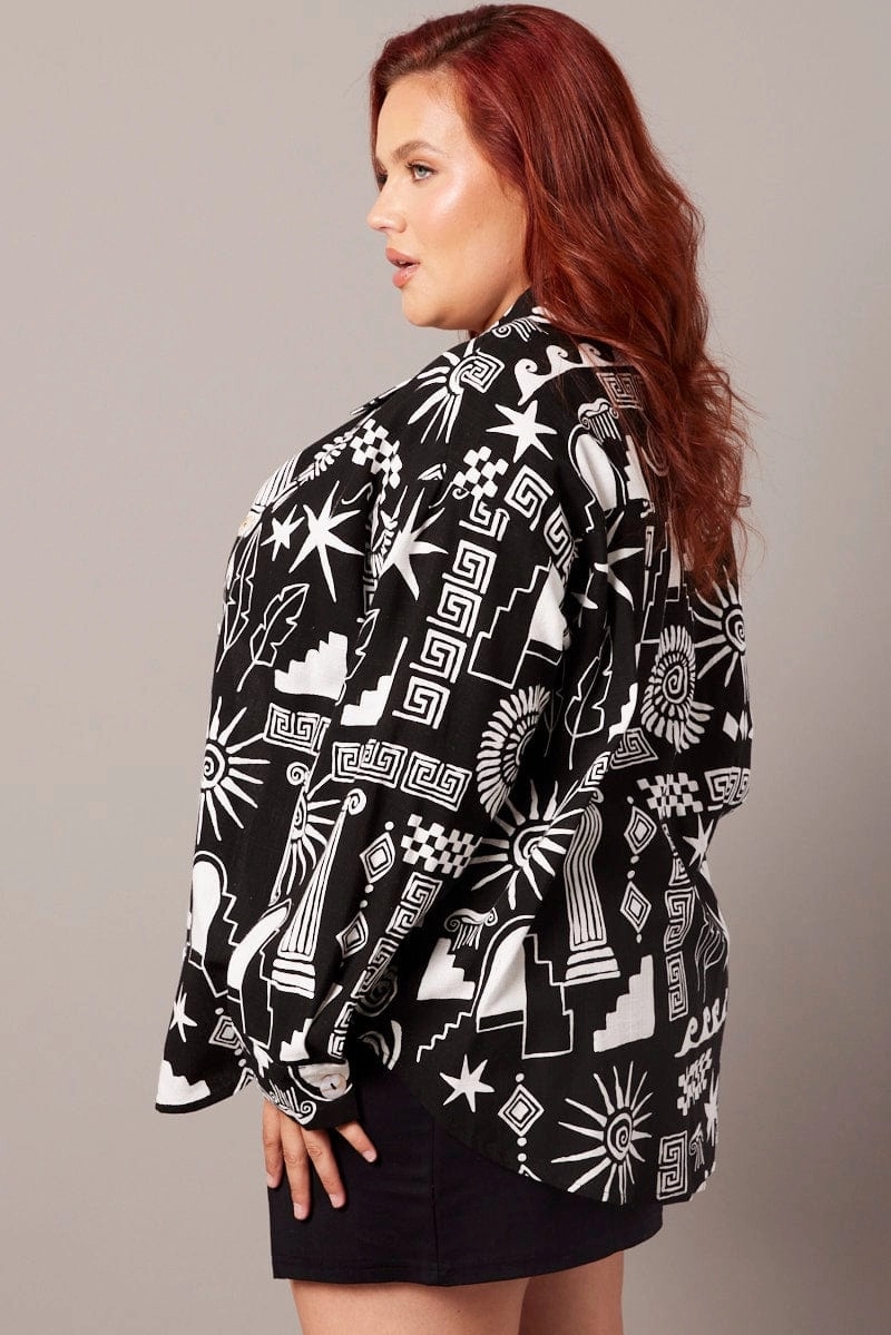 Abstract Relaxed Shirt Long Sleeve Linen Blend Smart Look