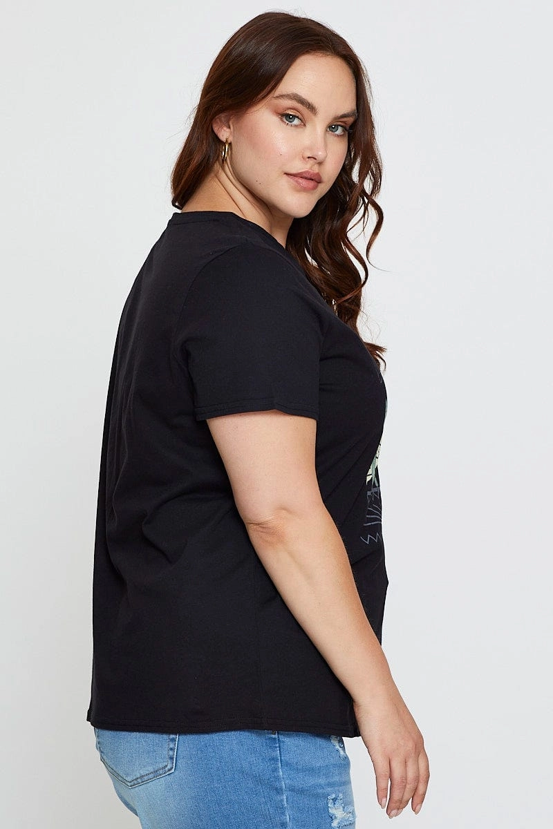 Basic Comfort Black Graphic T-shirt Short Sleeve Cotton
