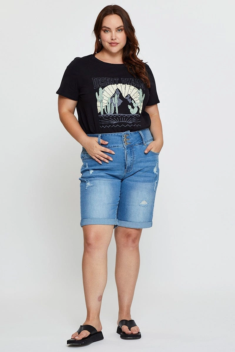 Black Graphic T-shirt Short Sleeve Cotton Layered Sleeve Construction