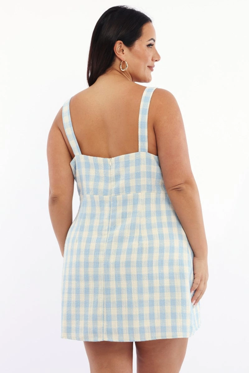 Blue Check Mini Dress Sleeveless Rosette Detail Sophisticated Appeal Subtle Edge