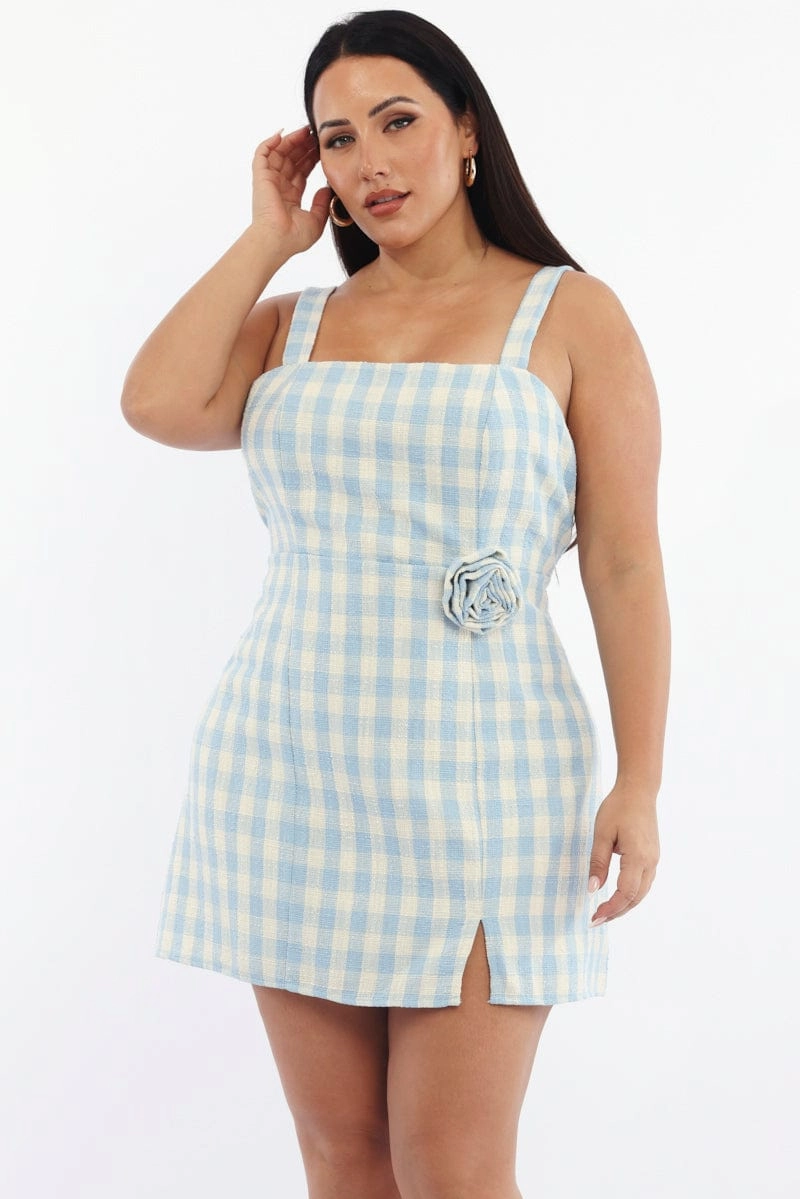 Blue Check Mini Dress Sleeveless Rosette Detail Summer Mood Clean Base
