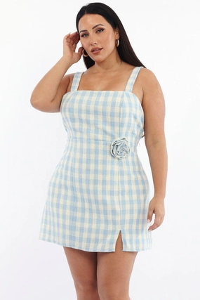 Blue Check Mini Dress Sleeveless Rosette Detail Summer Mood Clean Base