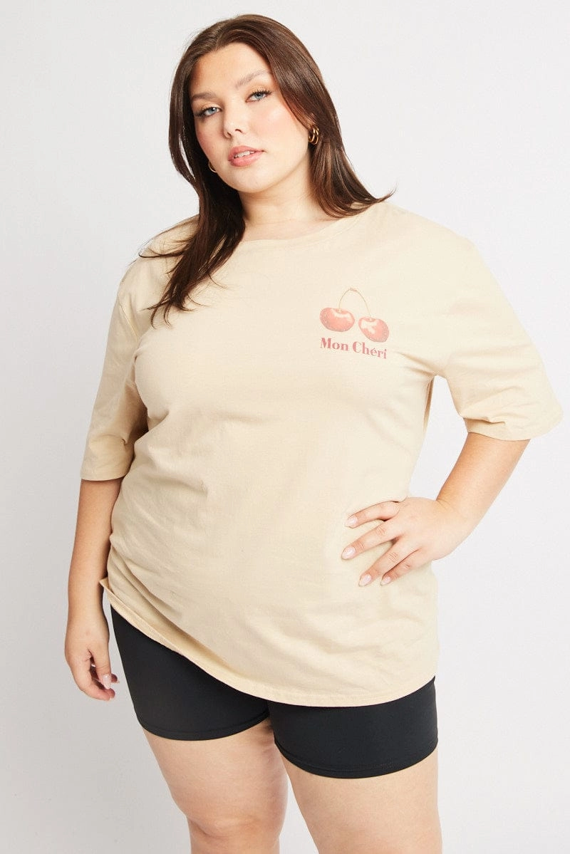 Beige Graphic T Shirt Short Sleeve Crew Neck teenagers' ReinforcedShoulderPanels