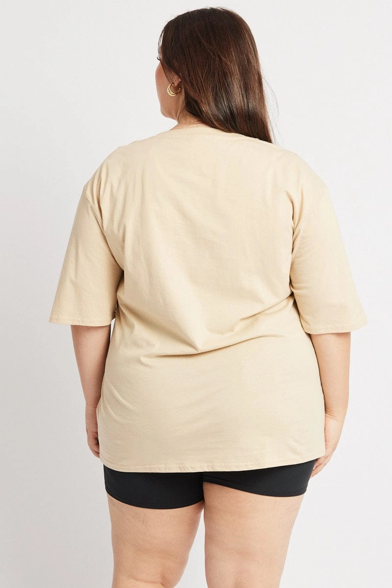 Beige Graphic T Shirt Short Sleeve Crew Neck hiking clothes Recommended