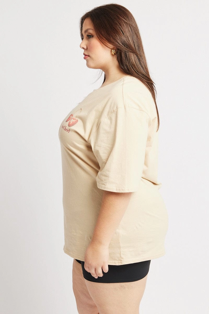 Beige Graphic T Shirt Short Sleeve Crew Neck Flexible Fit