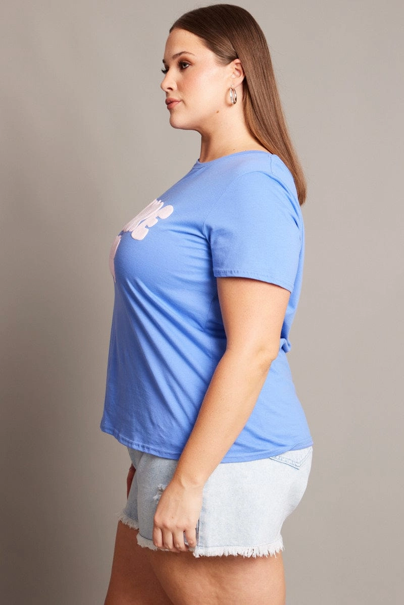 Blue Graphic T-shirt Short Sleeve Crew Neck Bold Design