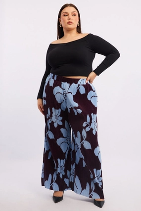 Moisture wicking Purple Floral Plisse Pleat Elastic Waist Wide Leg Pants