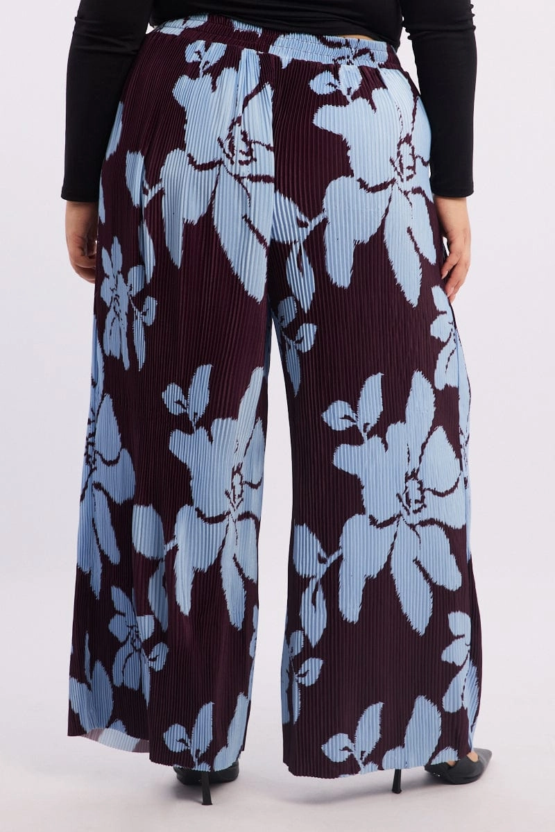 Functional Fashion AbrasionResistantPanels Purple Floral Plisse Pleat Elastic Waist Wide Leg Pants
