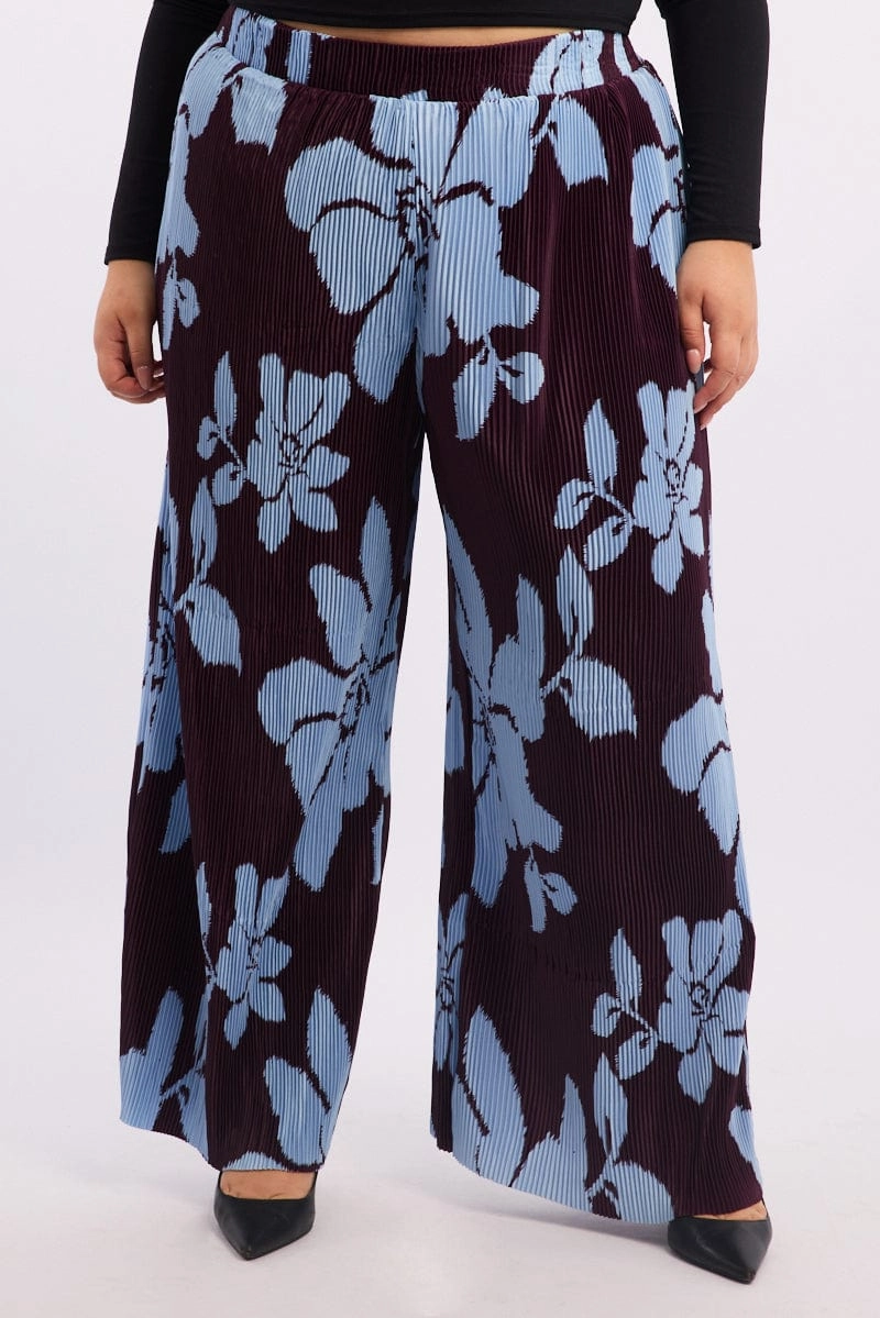Utility Fit Purple Floral Plisse Pleat Elastic Waist Wide Leg Pants