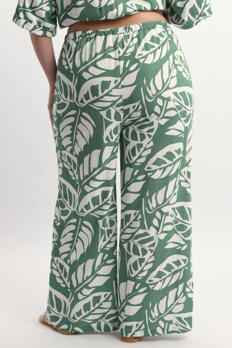 Green Abstract Elastic Waist Linen Blend Wide Leg Pants All-day Flex Casual Chic