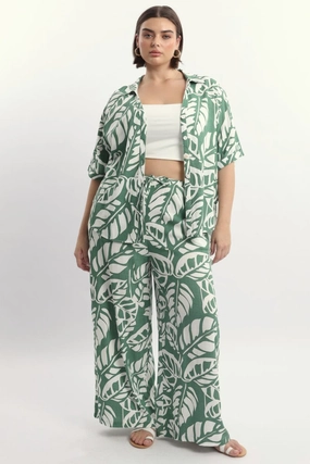 Green Abstract Elastic Waist Linen Blend Wide Leg Pants Durable Weave