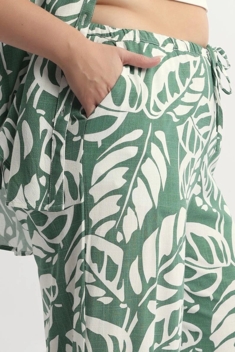 Green Abstract Elastic Waist Linen Blend Wide Leg Pants Hidden pockets