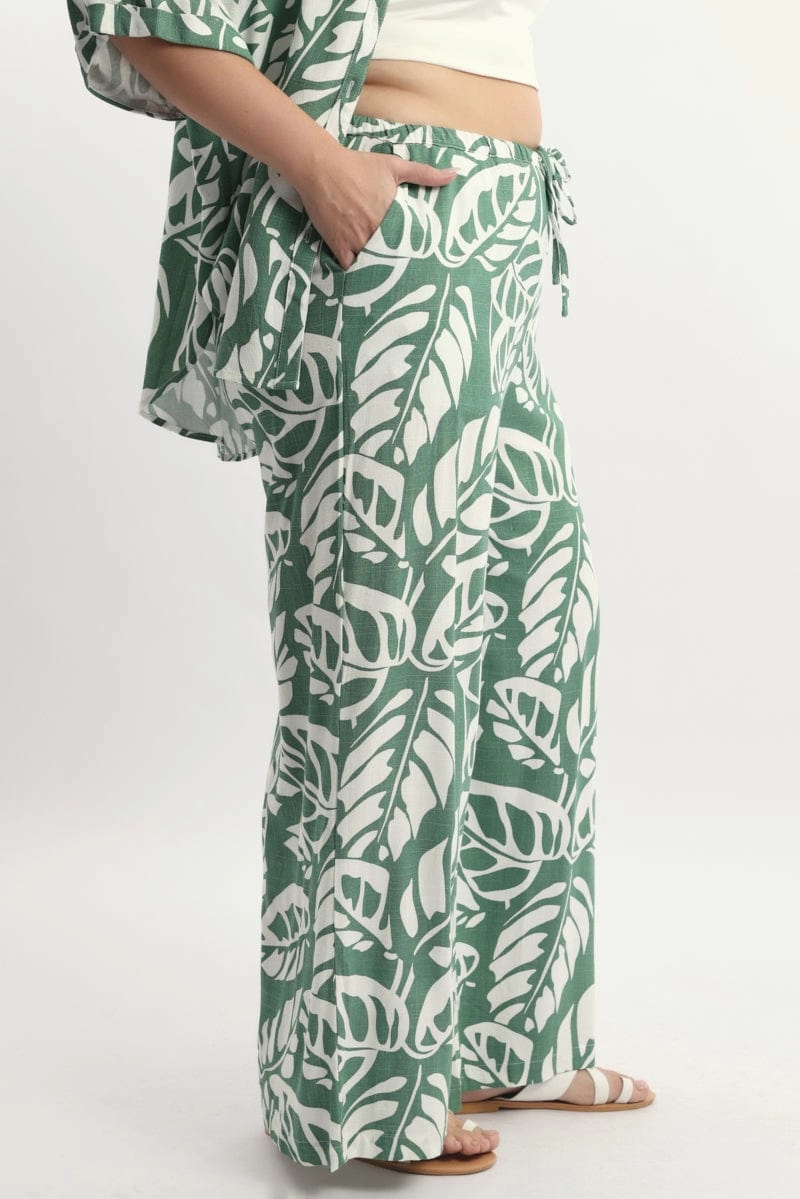 Green Abstract Elastic Waist Linen Blend Wide Leg Pants High Waist Stretch Utility Pockets