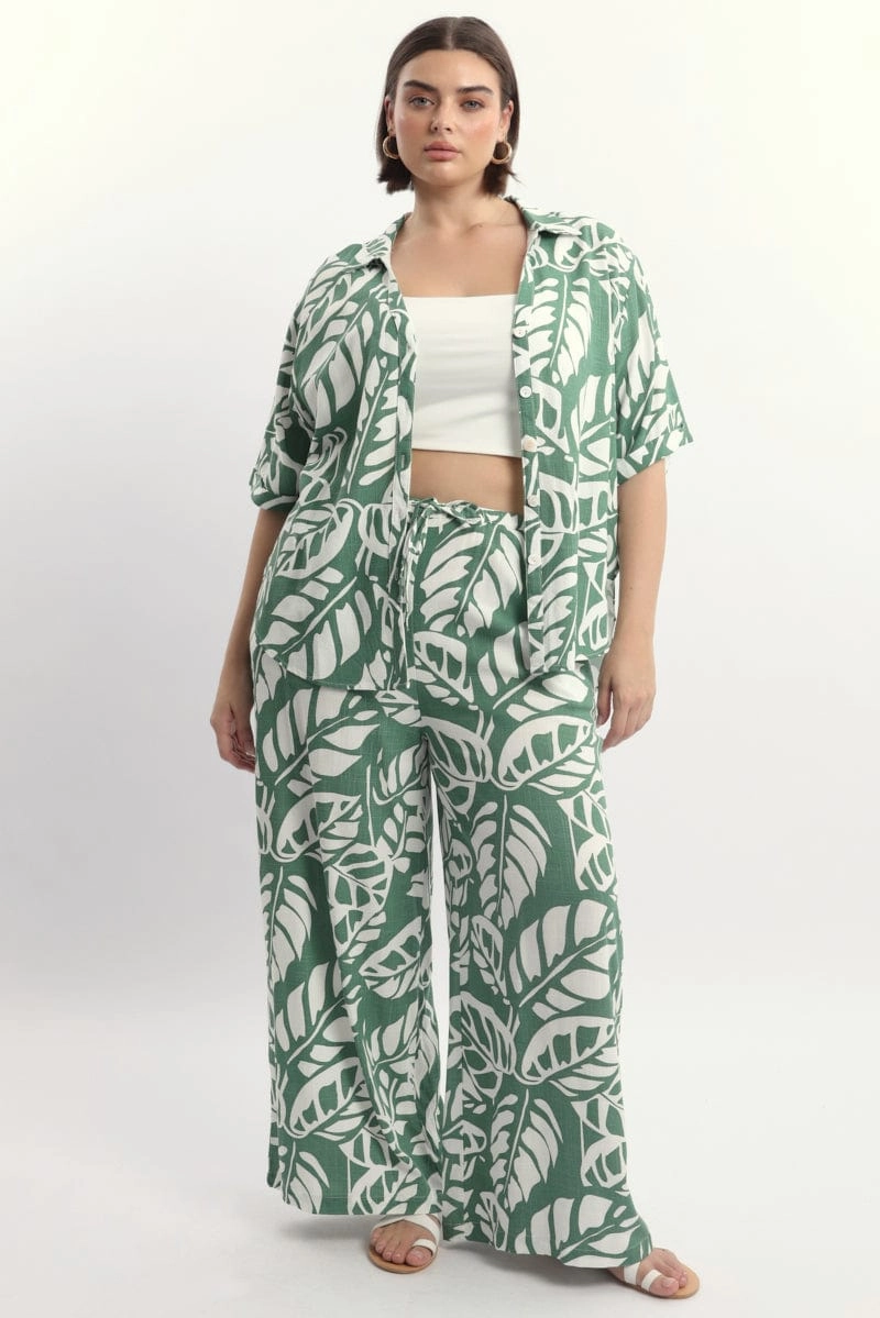 Green Abstract Elastic Waist Linen Blend Wide Leg Pants Durable Weave