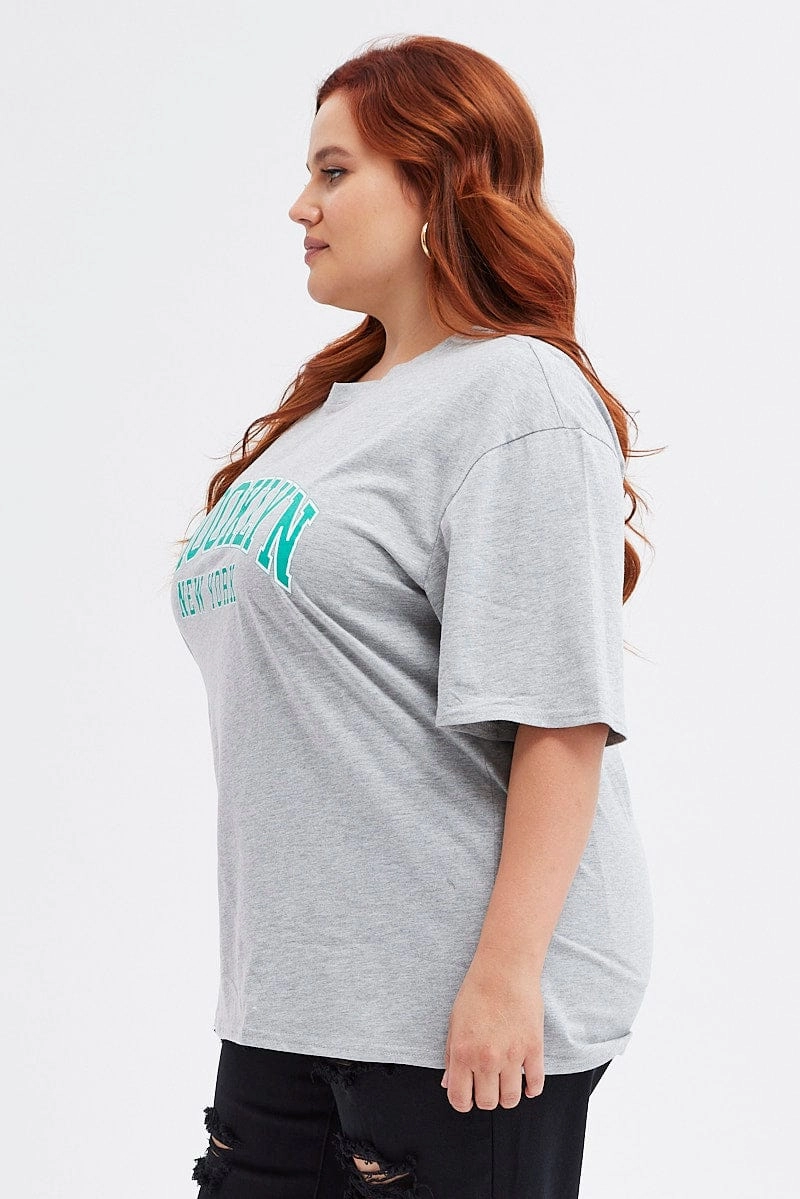 Grey Graphic T-shirt Short Sleeve Crew Neck Leisure Wear Sleek Stretch Fit
