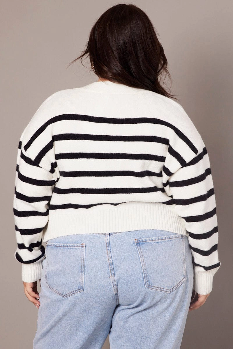 White Stripe Knit Cardigan Long Sleeve V-neck Oversized Fit Stylish Basics