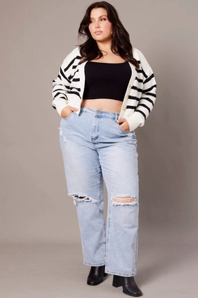 Full Length Zipper White Stripe Knit Cardigan Long Sleeve V-neck Oversized Fit