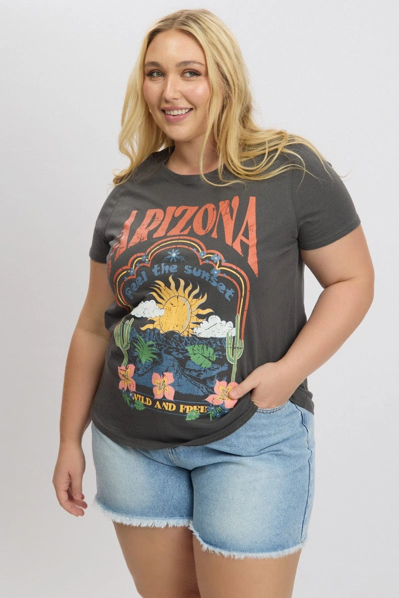 Comfortable fit Layered Look Wear Grey Graphic T Shirt Short Sleeve Crew Neck