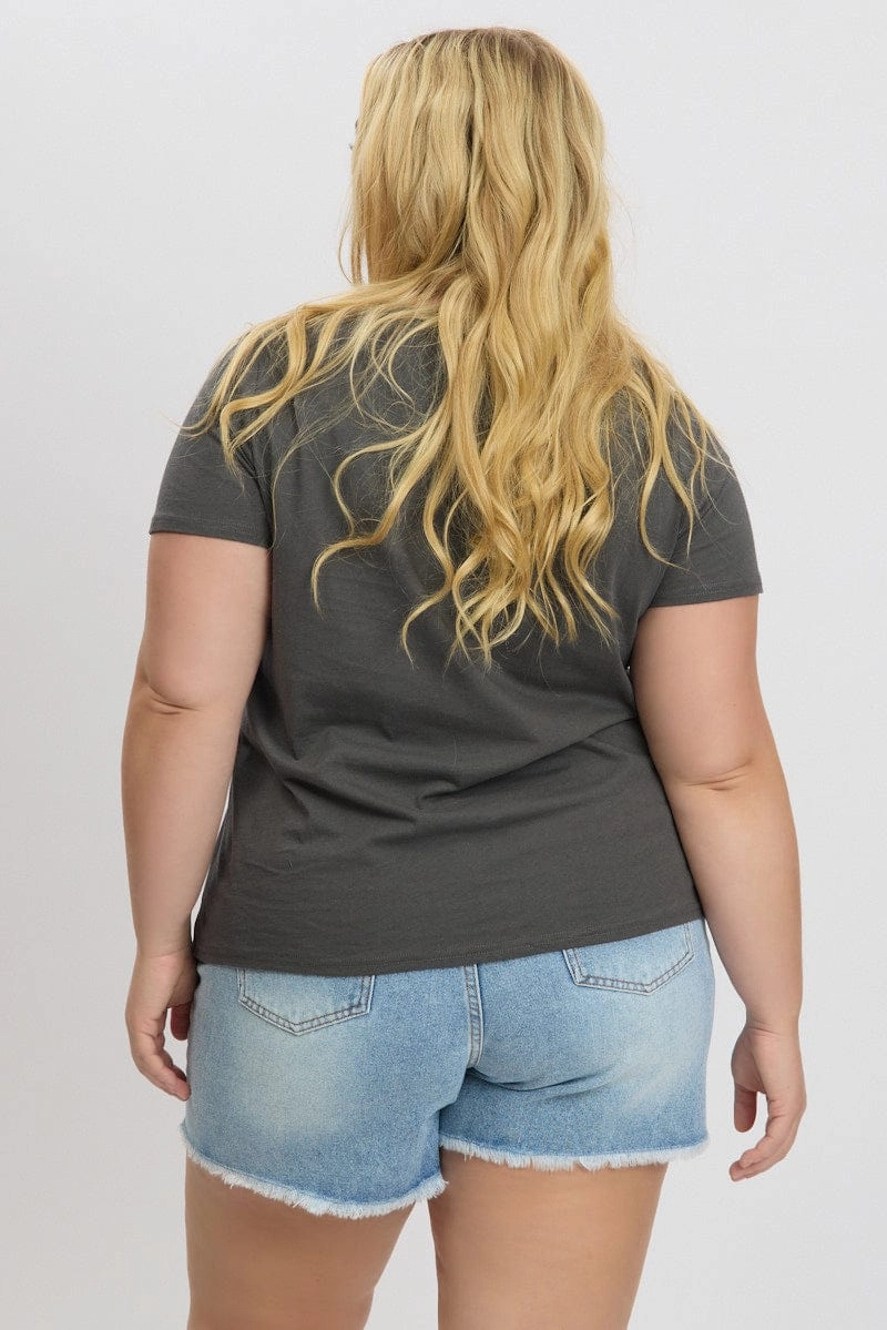 Grey Graphic T Shirt Short Sleeve Crew Neck Casual Flex Comfort Waist