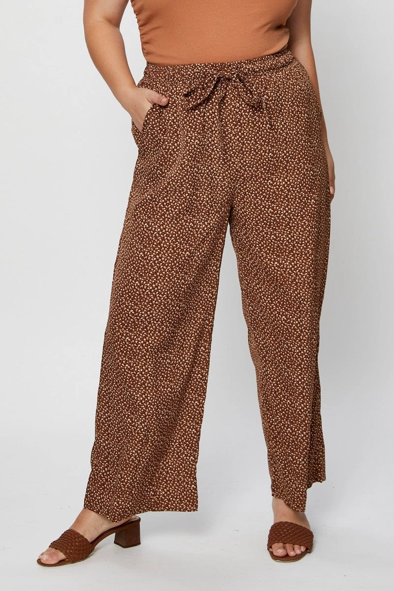 No Wrinkle Urban Cool Brown Wide Leg Pants High Rise Waist Tie