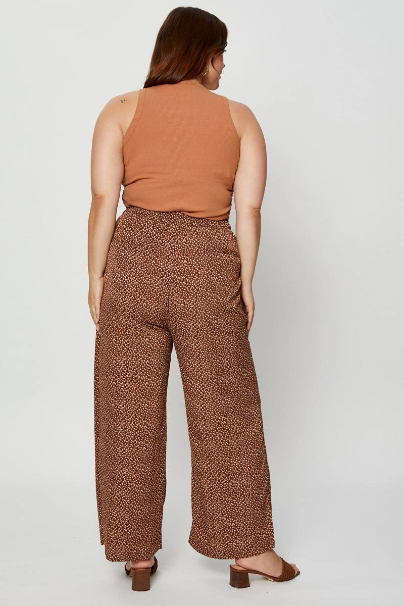 Sweat Wicking Lining Brown Wide Leg Pants High Rise Waist Tie