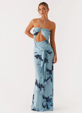 windproof Antonia Maxi Dress - Black Blue Floral
