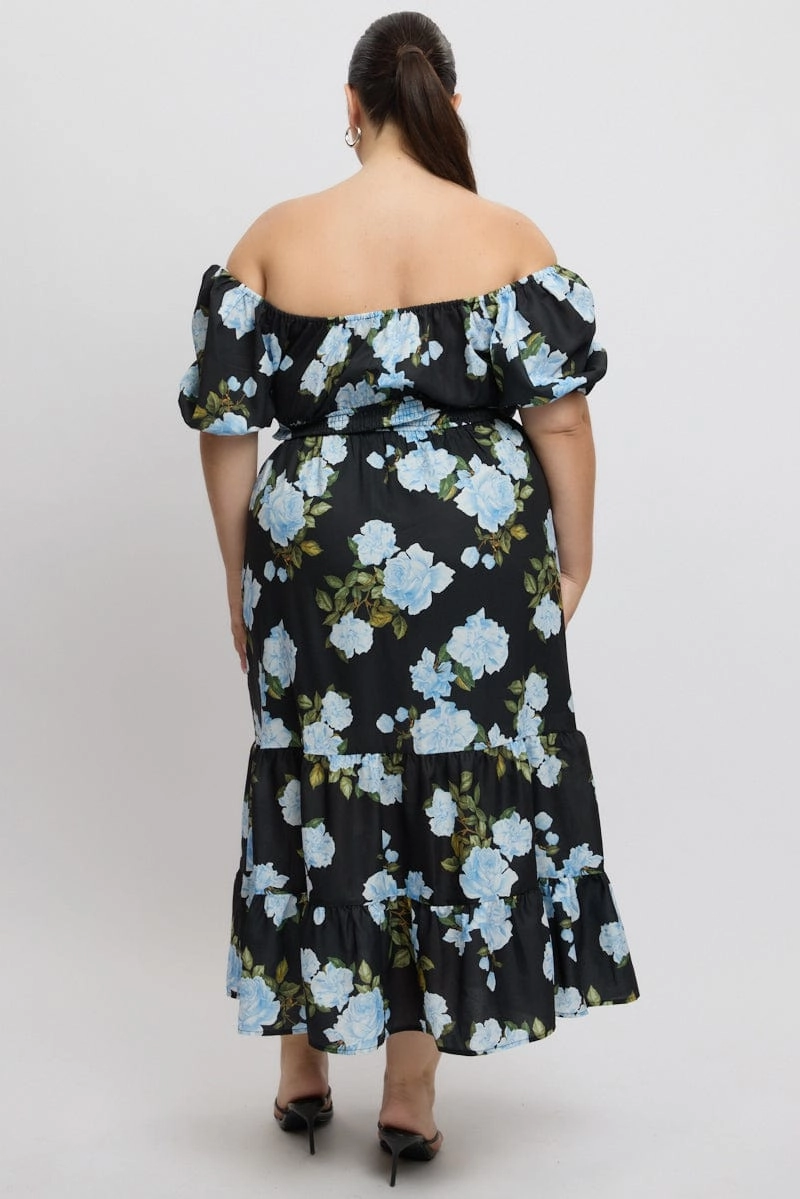 Sleek Cut Balanced Tone Black Floral Midi Dress Short Sleeve Ruched Bust Tiered