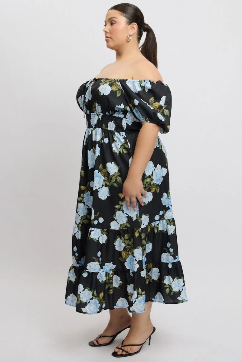 Shiny Zip Luxurious Feel Black Floral Midi Dress Short Sleeve Ruched Bust Tiered