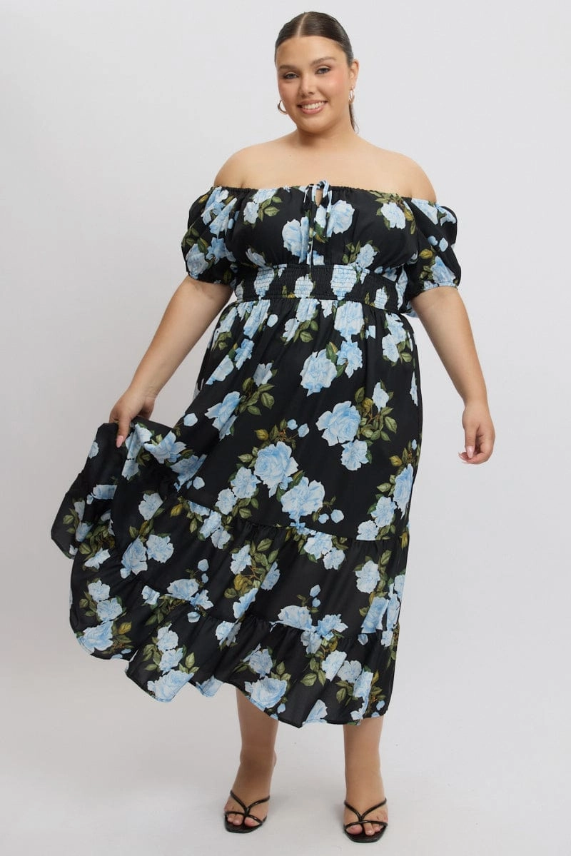 Smocked-Detail Flattering bodycon dress Black Floral Midi Dress Short Sleeve Ruched Bust Tiered