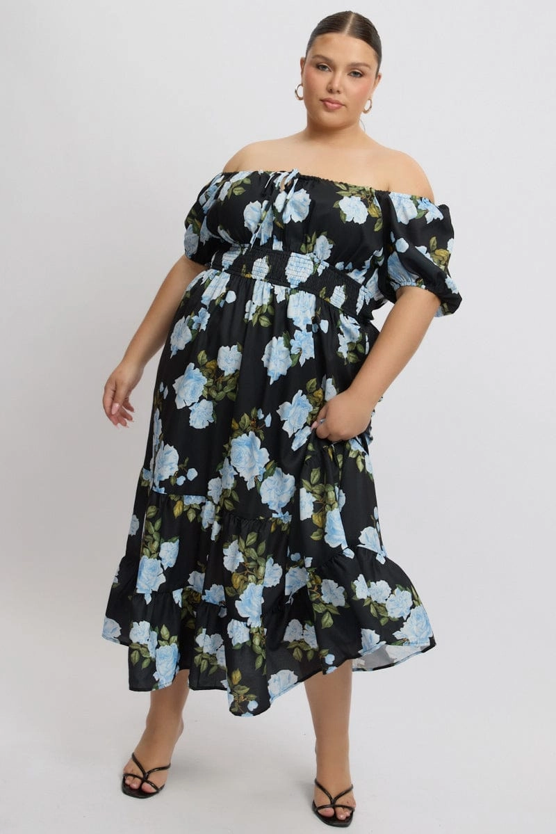Black Floral Midi Dress Short Sleeve Ruched Bust Tiered Stud-Detail