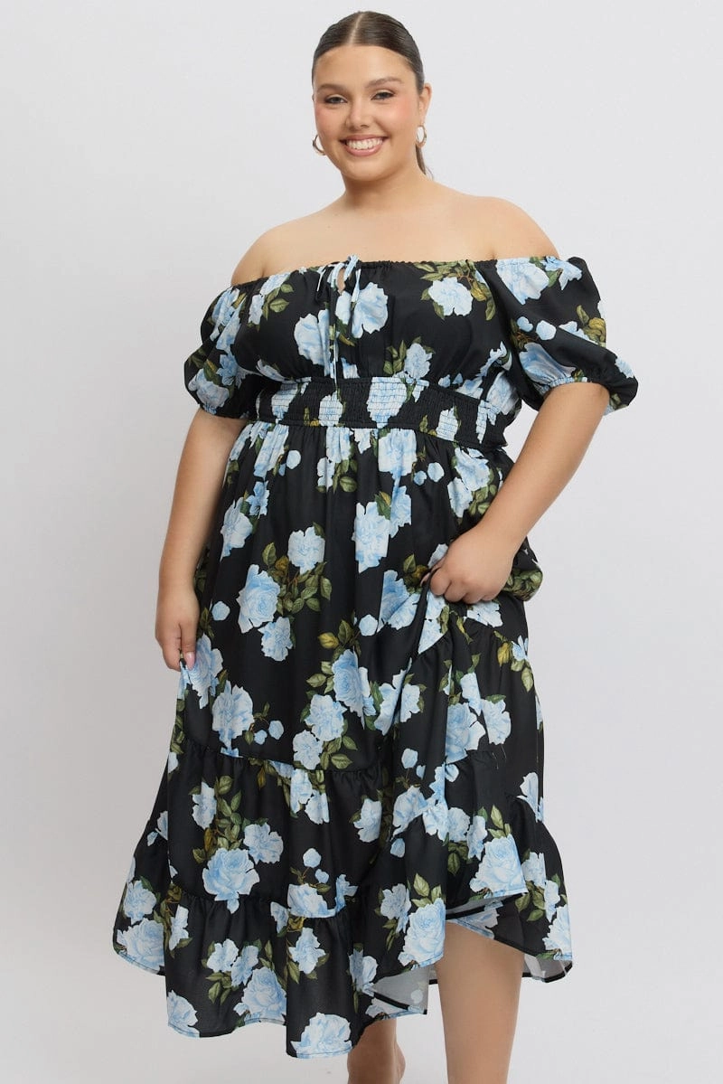 Black Floral Midi Dress Short Sleeve Ruched Bust Tiered Flattering Waistband