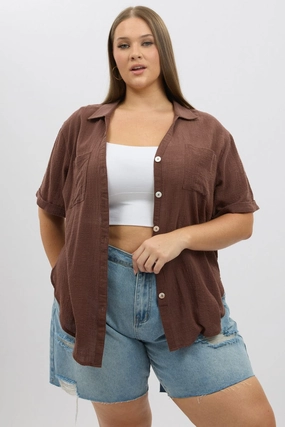 handmade touch Lightweight texture Brown Relaxed Shirt Short Sleeve