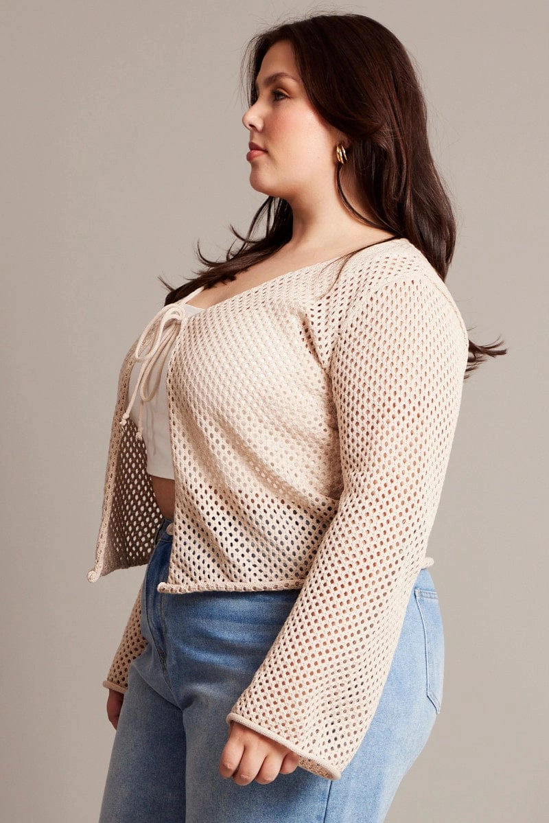 Reinforced Seam Construction Compact Fit Look Beige Crochet Cardigan Long Sleeve V-neck Tie Up