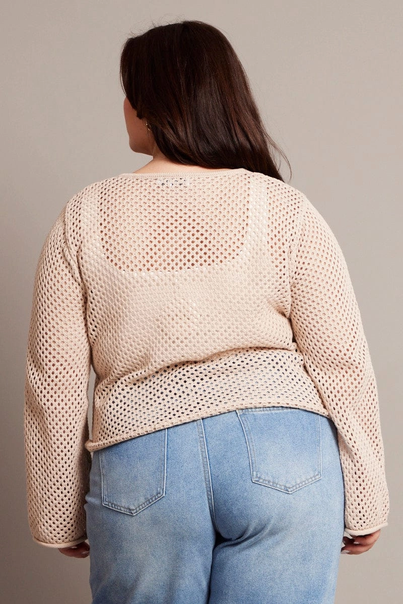 SoftshellMaterial Seam Sealed Construction Beige Crochet Cardigan Long Sleeve V-neck Tie Up