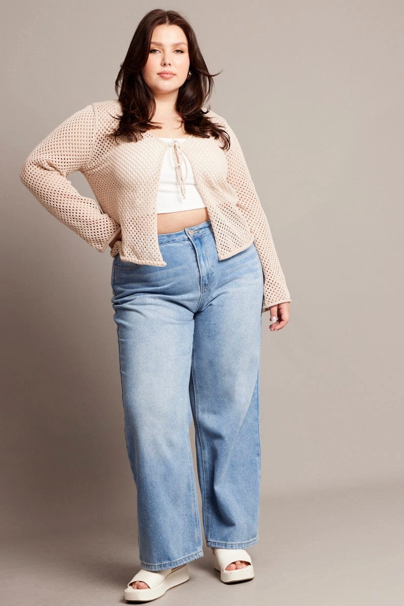 Beige Crochet Cardigan Long Sleeve V-neck Tie Up Water Based Coating
