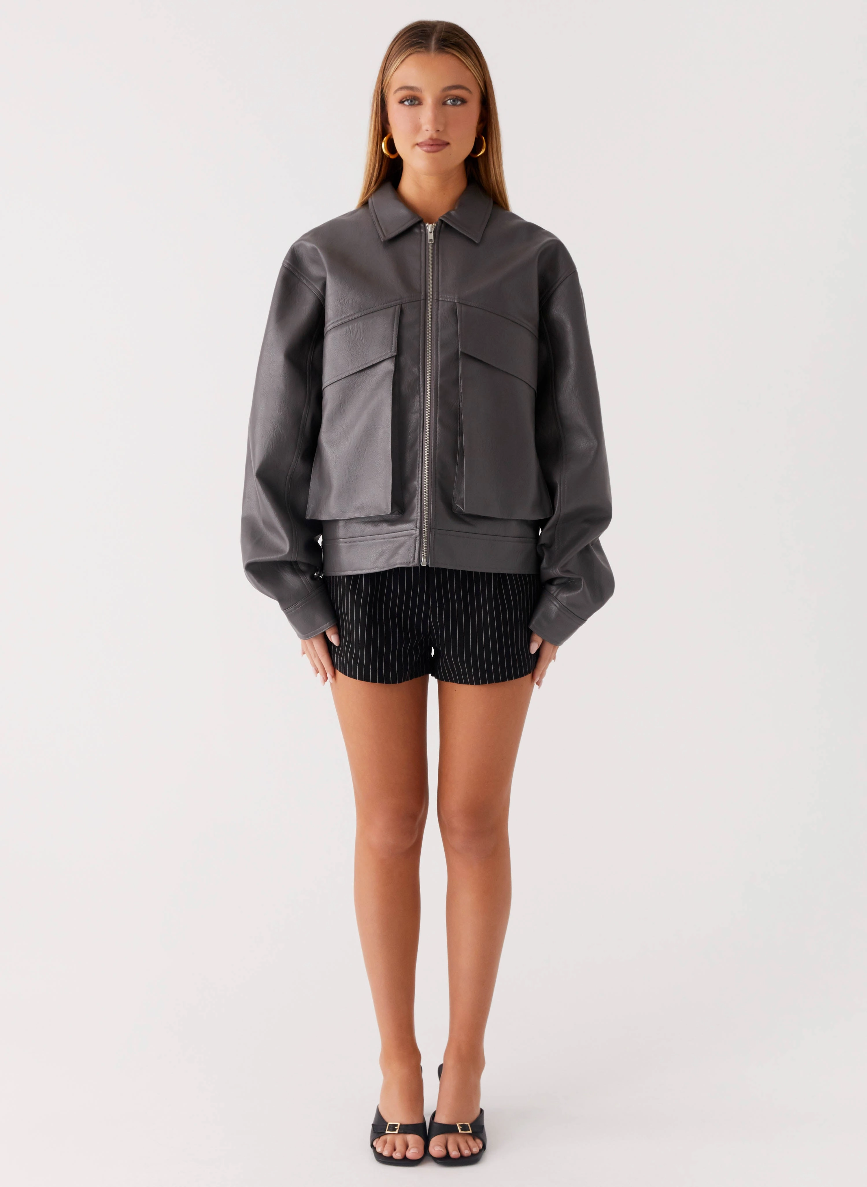 Lula Faux Leather Bomber Jacket - Charcoal Windbreaker Inspired Fit All Day Fit