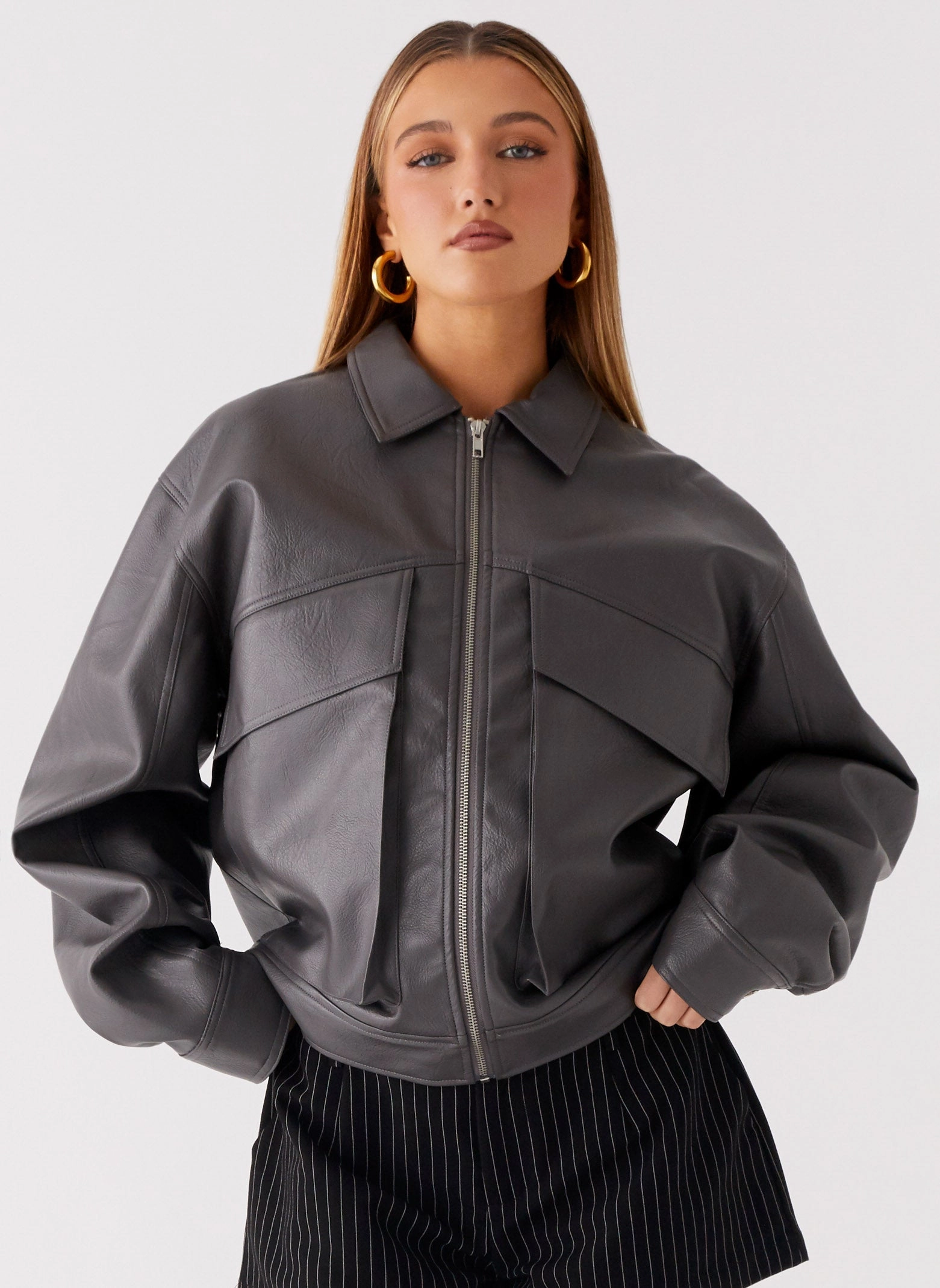 Multi Pocket Lula Faux Leather Bomber Jacket - Charcoal