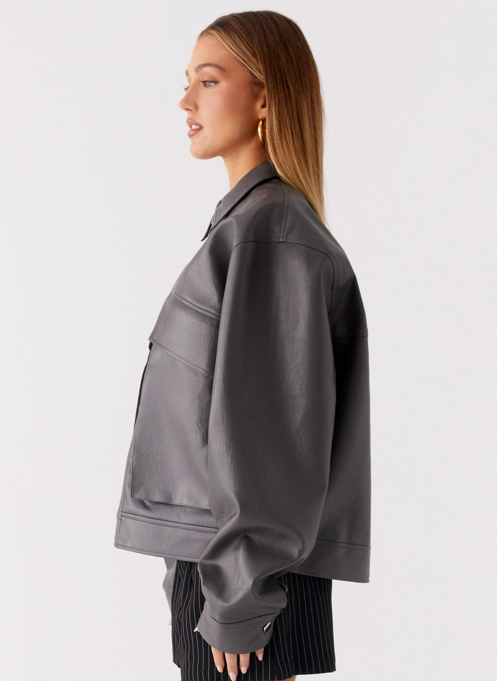 Lula Faux Leather Bomber Jacket - Charcoal Abrasion Proof Edging Non Restrictive Silhouette